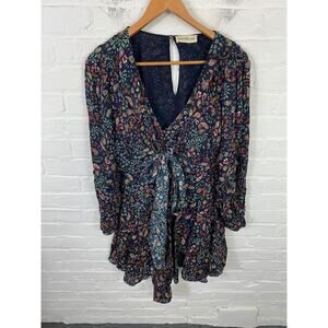 Nicholas Women's Floral  A-line Tiered Mini Dress Silk Long Sleeve Navy Size S